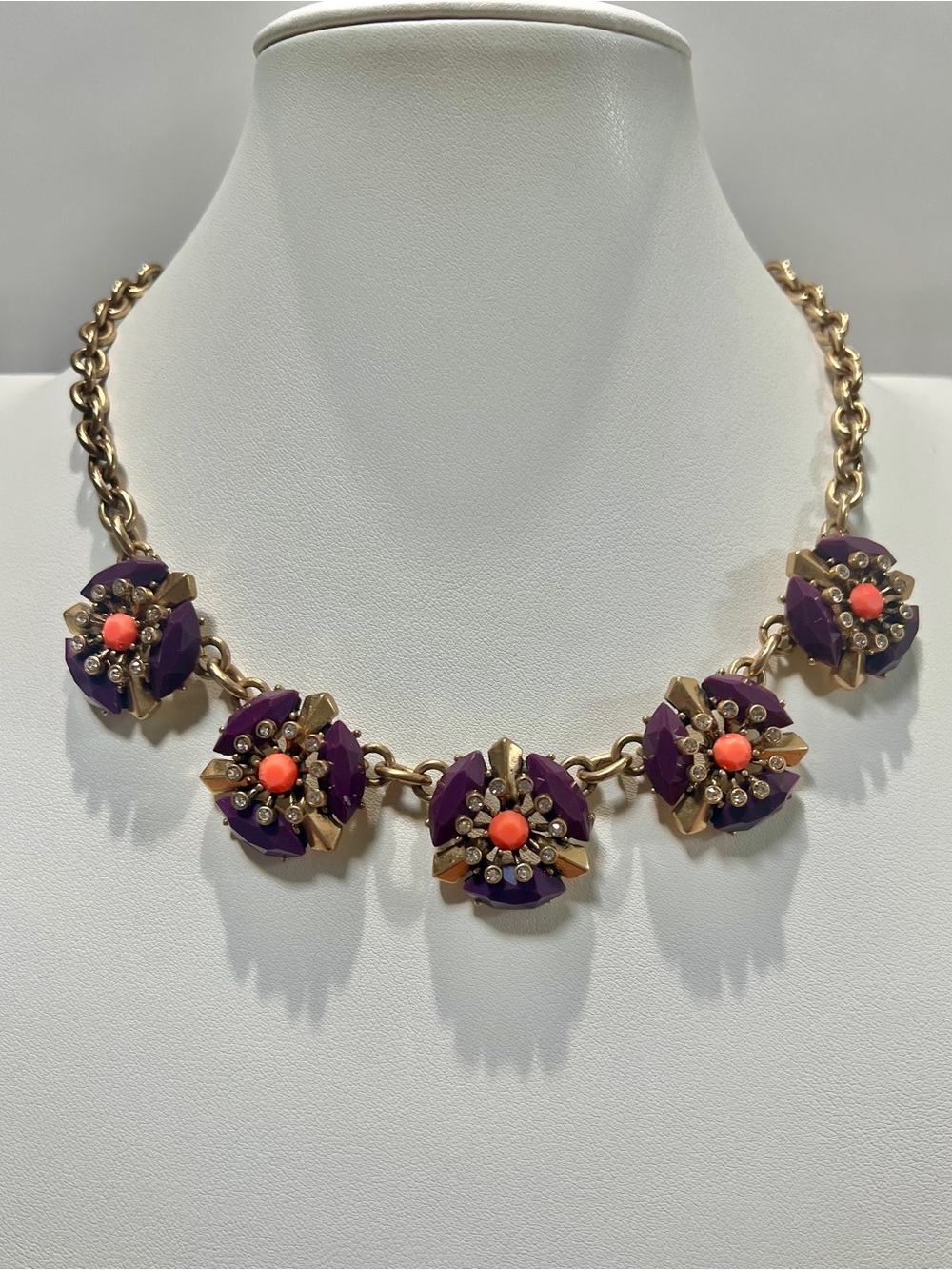 J. Crew Purple and Coral Floral Cluster Necklace - Gold Tone Chain